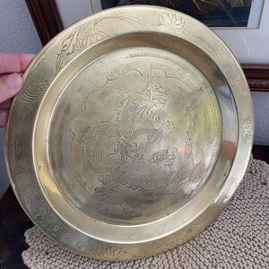 Vintage Brass Plate Hand Hammered Dragon Plate Signed By Artist Brass Decor